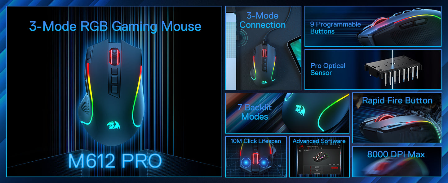 Redragon M612 PRO BT & 2.4 RGB Gaming Mouse, 8000 DPI Wired/Wireless Optical Gamer Mice, 11 Programmable Buttons & 6 Backlit Modes