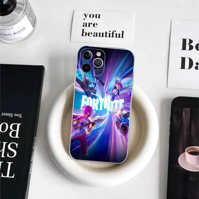 Capa de Telemóvel em TPU Macio Transparente Estilo Cartoon B-Battle-R-Royales-F-FortniteS para iPhone 17 16 15 14 13 12 11 Pro Max Plus