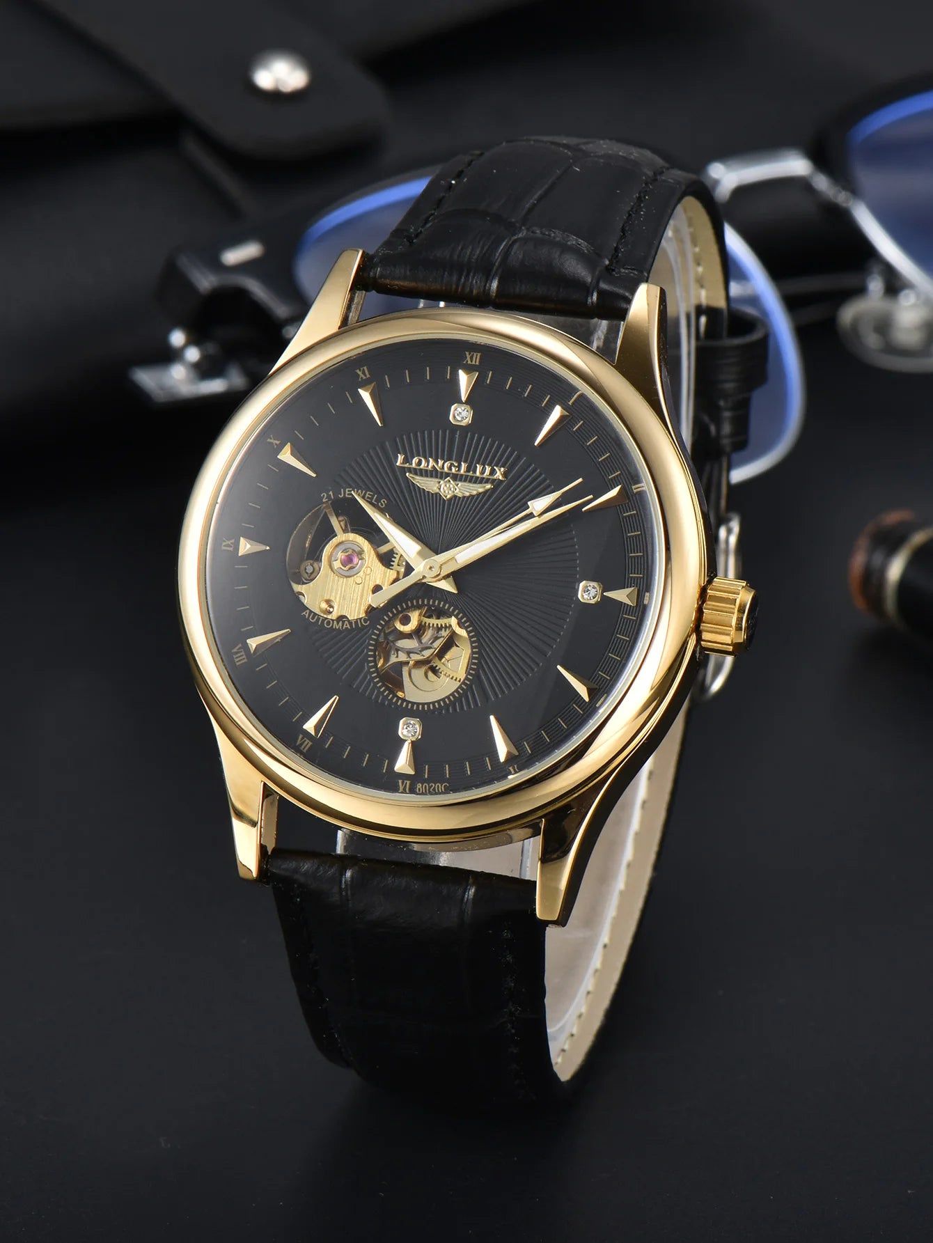 LONGLUX automatic watch elegant style wholesale mechanical wristwatches skeleton rome waterproof mens watch men gift
