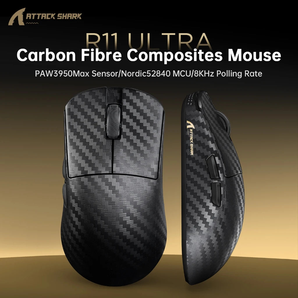 Attack Shark R11 Ultra 8K Carbon Fiber Gaming Mouse, PAW3950MAX, 49g Ultra-Lightweight, Wireless 8000Hz Polling, Tri-Mode