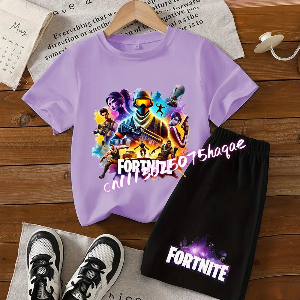 Angesagtes Fortnite-Kinder-Set mit T-Shirt und Shorts, Cartoon-Figur-Print, Sommer-Freizeit-Sportbekleidung für Jungen