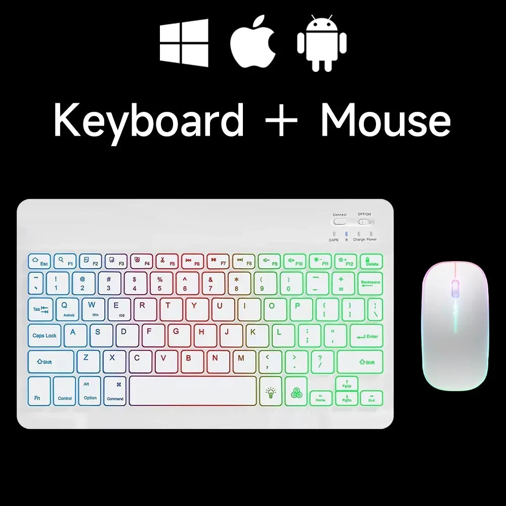Mini teclado Bluetooth RGB retroiluminado de 10 polegadas com rato sem fios recarregável para espanhol, russo, hebraico, coreano, francês, árabe e português de Portugal