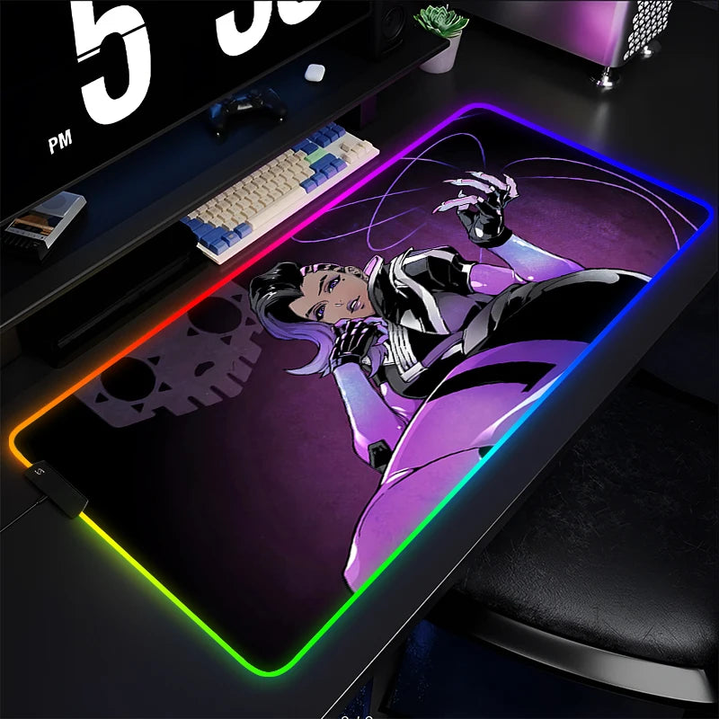 Геймърски пад за мишка и клавиатура Overwatch Sombra, подложка за бюро с LED RGB, гумен килим за мишка, kawaii mousepad за ноутбук