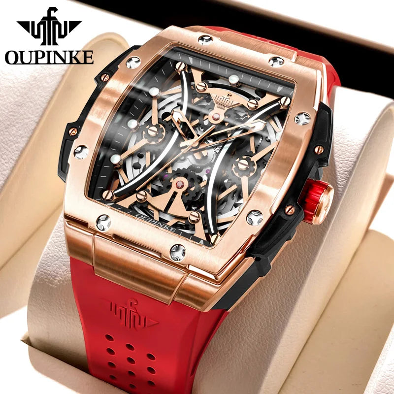 Relógio masculino OUPINKE clássico de luxo com mostrador tonneau, marca de topo, original, automático mecânico, bracelete em silicone e vidro de safira, novo