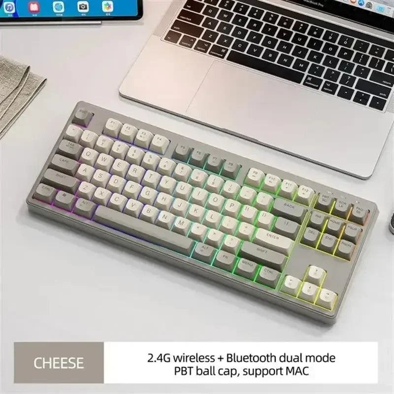 Teclado M87 Sem Fios Bluetooth de Modo Duplo, Sensação Mecânica para Gaming e Escritório, Silencioso, Teclas PBT Ball Cap, Luz Arco-Íris