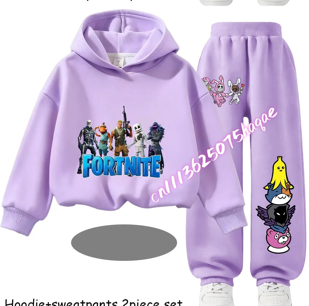 Sweats com Capuz Infantis Estampadas Fortnite, Conjunto Cartoon Confortável de 2 Peças, Tops Largos de Manga Comprida com Calças, Roupa de Outono/Inverno, Presente