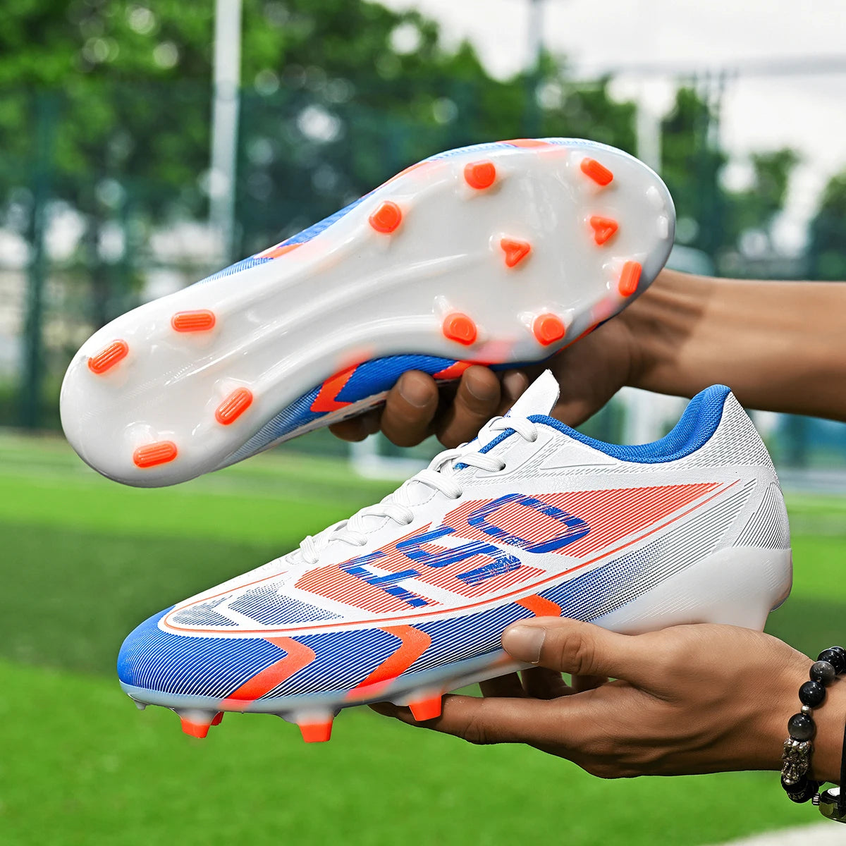 AG/FG Long Studs Soccer Shoes, PU Fabric Mixed Upper, TPU Sole Wear-Resistant Anti-Slip, Men Women Kids Youth Outdoor Sports
