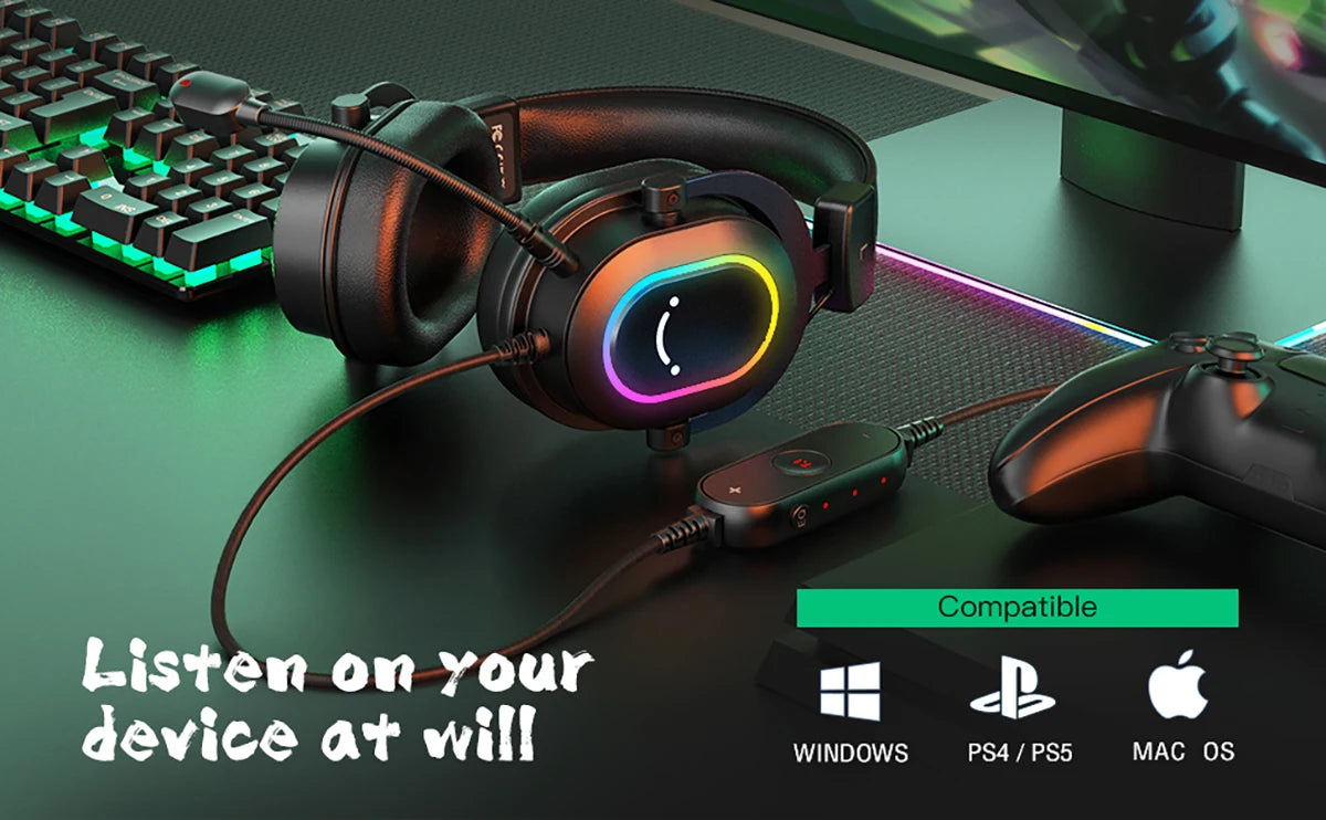 Cuffie gaming RGB FIFINE con microfono – cuffie cablate over-ear con suono surround 7.1 per PC, PS4 e PS5, con 3 modalità EQ