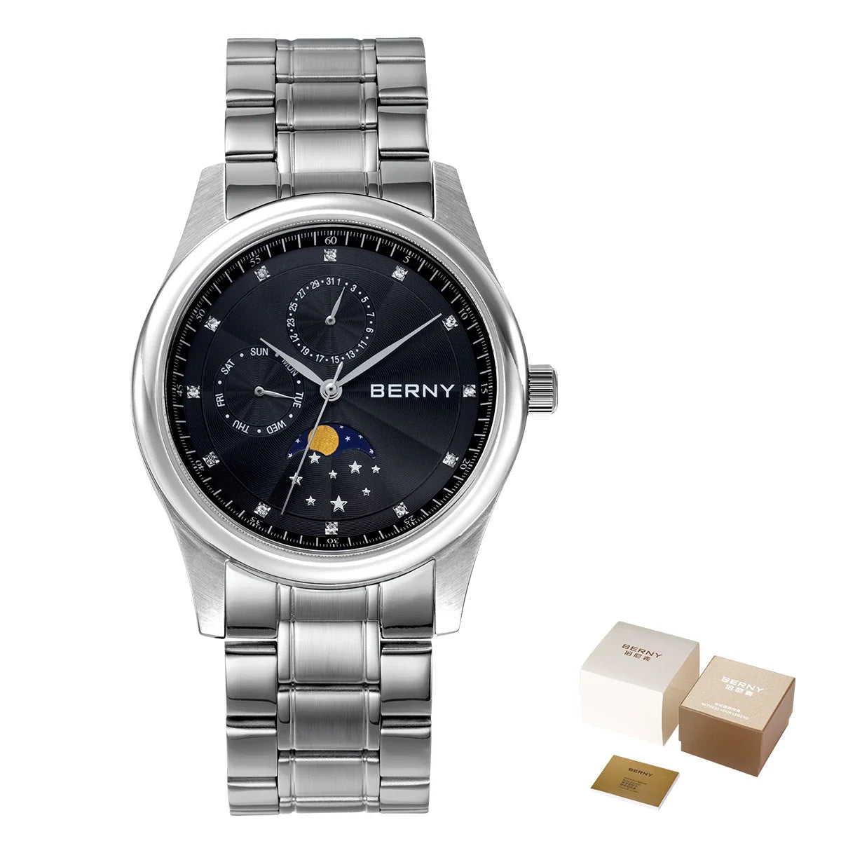 BERNY Men's Watch Date Weeks Moon Phase Quartz Watches for Men Stainless Steel Leather Strap Business Wristwatch Male Clock