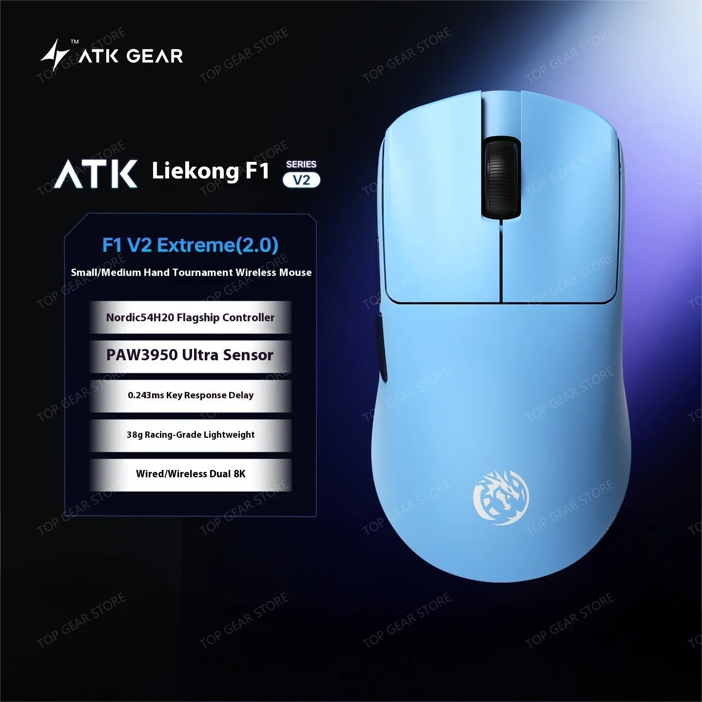 Mouse da gaming ATK F1 V2 Ultra MAX wireless tri-mode PAW3950 doppio 8k leggero ergonomico per esport, accessorio PC personalizzato