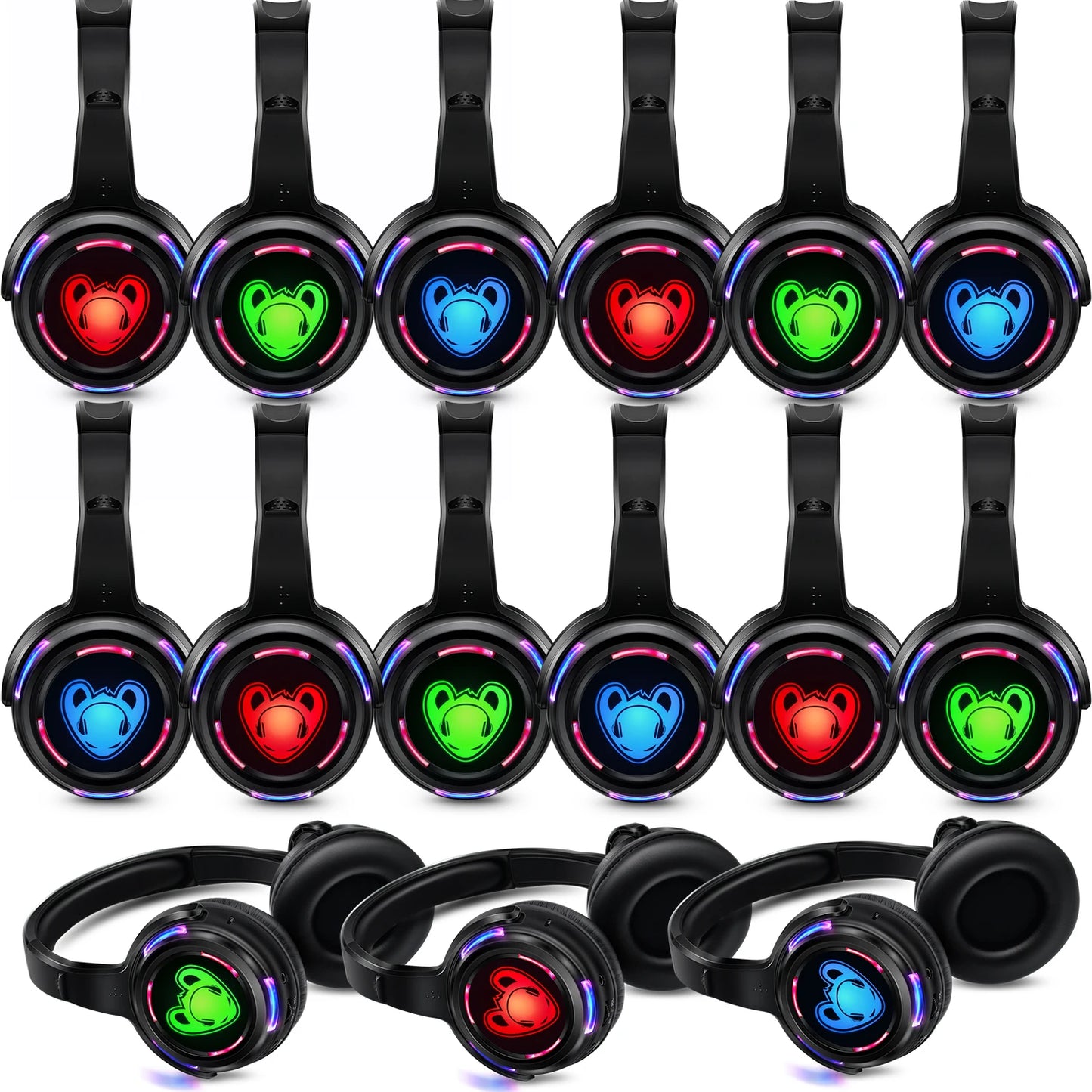 Cuffie wireless Silent Disco RF LED DJ Party 863–865MHz/915MHz con illuminazione LED a 3 canali e batteria da 10H