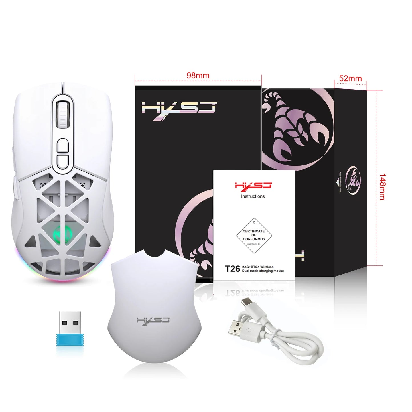 HXSJ T26 kétmódú gaming egér, 2.4G+BT5.1 vezeték nélküli gamer egér laptophoz, 4800DPI állítható, ergonomikus optikai számítógépes gamer egér