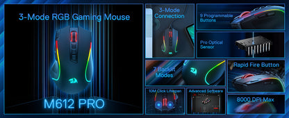 Redragon M612 PRO BT & 2.4 RGB Gaming Mouse, 8000 DPI Wired/Wireless Optical Gamer Mice, 11 Programmable Buttons & 6 Backlit Modes