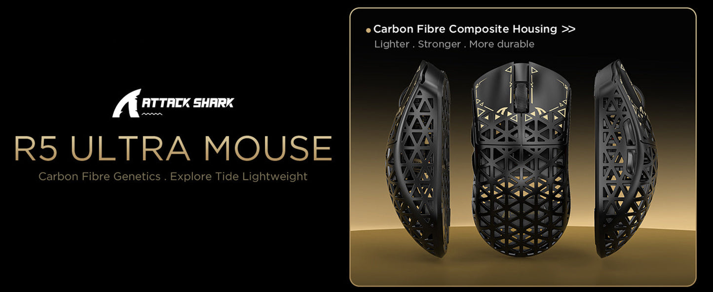 Mouse gaming wireless ATTACK SHARK R5 Ultra in fibra di carbonio 8K, 39g SUPERLIGHT, sensore gaming PixArt PAW3950MAX, polling wireless 8000Hz