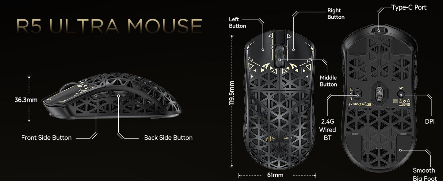 Mouse gaming wireless ATTACK SHARK R5 Ultra in fibra di carbonio 8K, 39g SUPERLIGHT, sensore gaming PixArt PAW3950MAX, polling wireless 8000Hz
