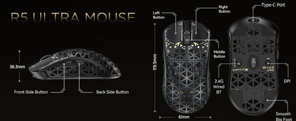 Mouse gaming wireless ATTACK SHARK R5 Ultra in fibra di carbonio 8K, 39g SUPERLIGHT, sensore gaming PixArt PAW3950MAX, polling wireless 8000Hz