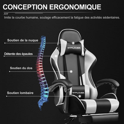 GTPLAYER Gaming chair with massage Lumin cushion & footrest, Ergonomic office chair with padded seat, swivel chair up to 150 kg