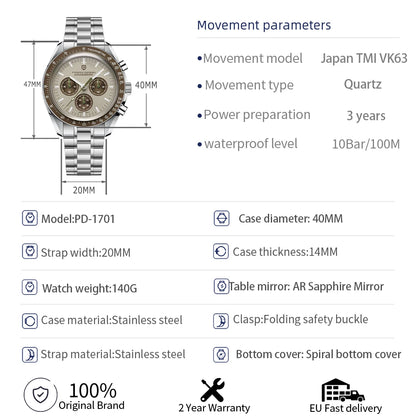 Relógio masculino PAGANI DESIGN Série Planetary Saturn Light Tan Quartz Speed Chronograph com cristal de safira AR — Novo 2026