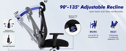 Hiazurm Office Chair Ergonomic, Desk Chair with Lumbar Support 3D, Height-adjustable Office Chairs for home with Adjustable Headrest and Armrests, Computer Chairs Ideal for Company,  Home and Gaming