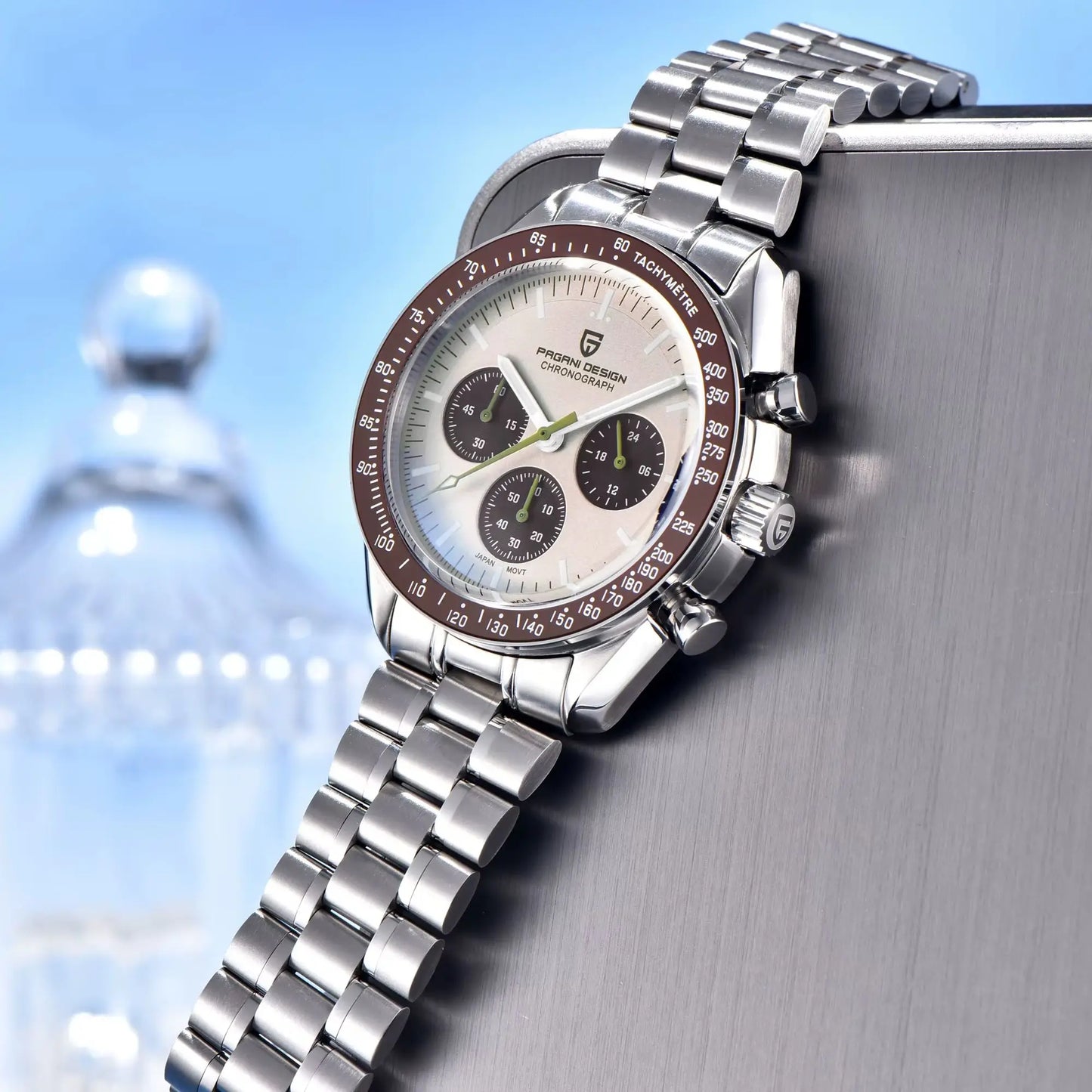 Relógio masculino PAGANI DESIGN Série Planetary Saturn Light Tan Quartz Speed Chronograph com cristal de safira AR — Novo 2026