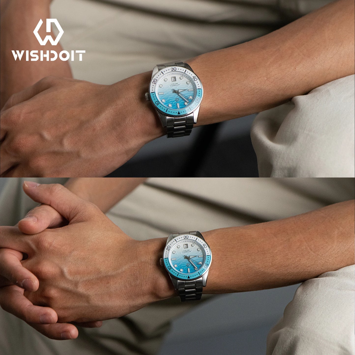 WISHDOIT Automatische Taucheruhr für Herren mit ozeanblauem und weißem Wellenschliff-Zifferblatt, 8215-Uhrwerk und Saphirglasablytyped