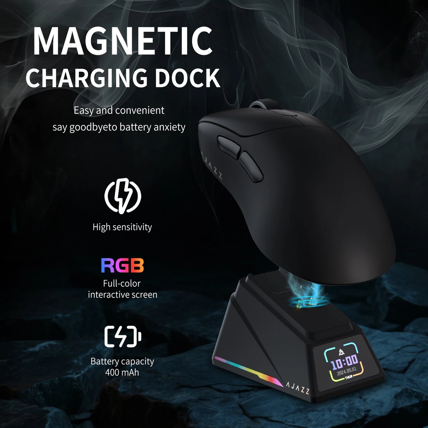 AJAZZ AJ179 APEX Gaming-Maus mit Dock mit Farbdisplay, magnetischem Laden, 8000Hz Hochfrequenz /, Tri-Mode (PAW3950), Rechtshänder