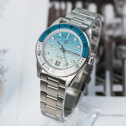 WISHDOIT Automatische Taucheruhr für Herren mit ozeanblauem und weißem Wellenschliff-Zifferblatt, 8215-Uhrwerk und Saphirglasablytyped