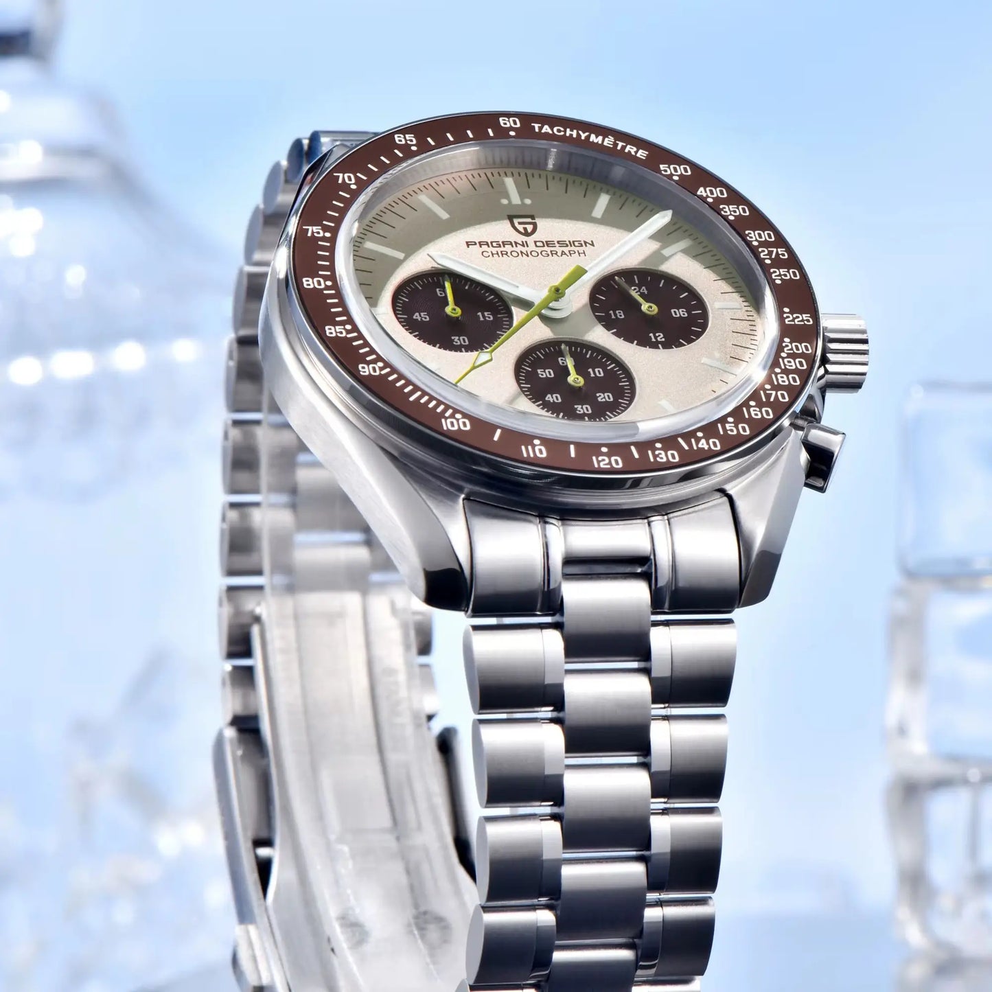 Relógio masculino PAGANI DESIGN Série Planetary Saturn Light Tan Quartz Speed Chronograph com cristal de safira AR — Novo 2026