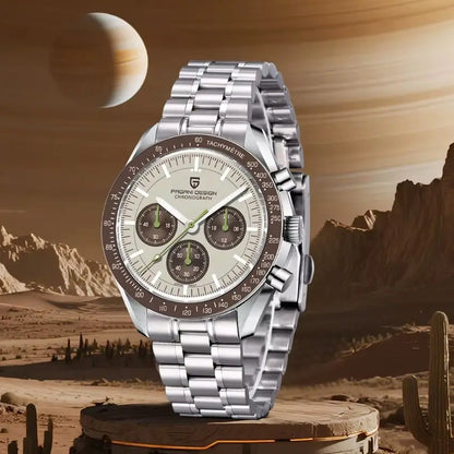 Relógio masculino PAGANI DESIGN Série Planetary Saturn Light Tan Quartz Speed Chronograph com cristal de safira AR — Novo 2026