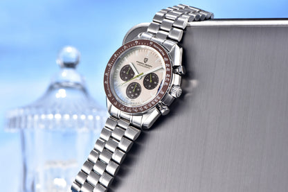Relógio masculino PAGANI DESIGN Série Planetary Saturn Light Tan Quartz Speed Chronograph com cristal de safira AR — Novo 2026