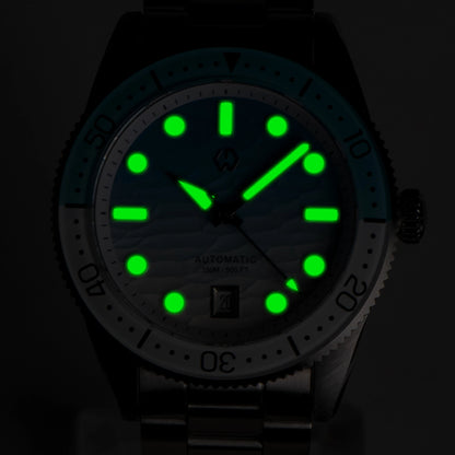 WISHDOIT Automatische Taucheruhr für Herren mit ozeanblauem und weißem Wellenschliff-Zifferblatt, 8215-Uhrwerk und Saphirglasablytyped