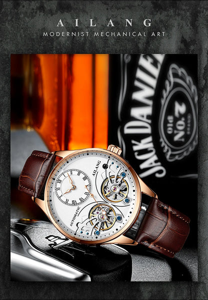 AILANG brandneue modische Double-Tourbillon-Uhr für Herren, Luxus-Edelstahl, wasserdicht, automatisch-mechanische Herrenuhr