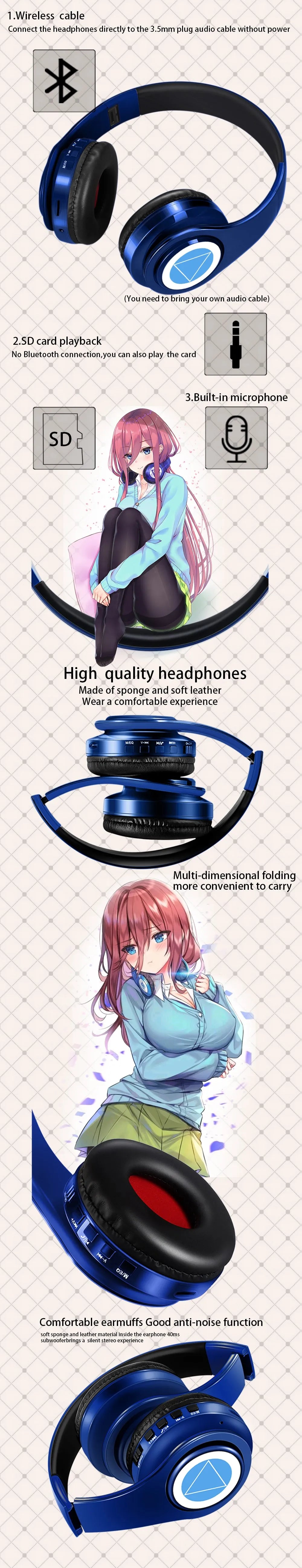 Miku Nakano Sanjiu Bluetooth 5.0 Over-Ear-Anime-Kopfhörer – Kabelloses Stereo-Gaming-Headset mit tiefem Bass, Mikrofon & TF-Kartenunterstützung