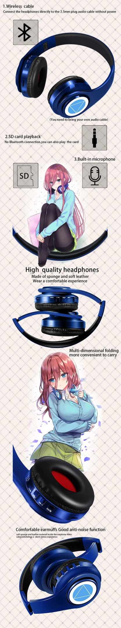 Miku Nakano Sanjiu Bluetooth 5.0 Over-Ear-Anime-Kopfhörer – Kabelloses Stereo-Gaming-Headset mit tiefem Bass, Mikrofon & TF-Kartenunterstützung