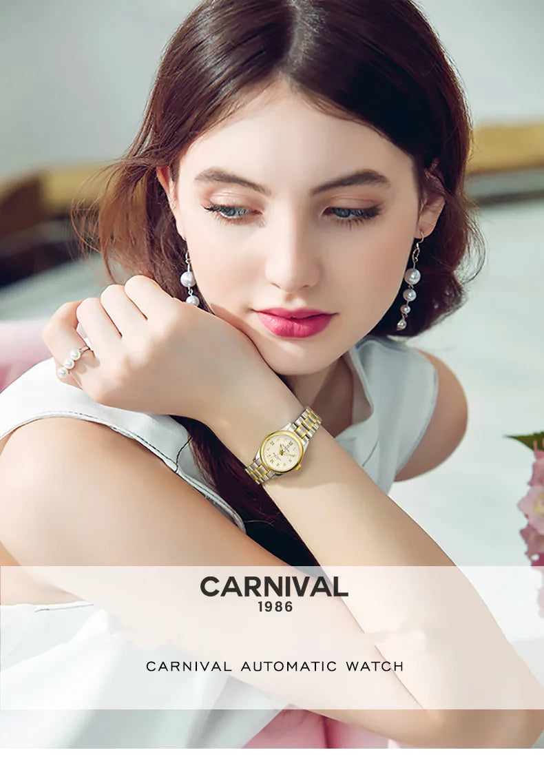 CARNIVAL Marken-Luxus-Automatikuhr für Damen, modische Armbanduhr mit Saphirglas, wasserdicht, Reloj Mujer