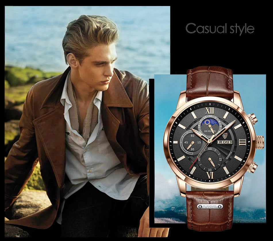 2025 New Men's Watches LIGE Top Brand Luxury Leather Casual Quartz Watch Men's Sport Waterproof Clock Watch Relogio Masculino+Box