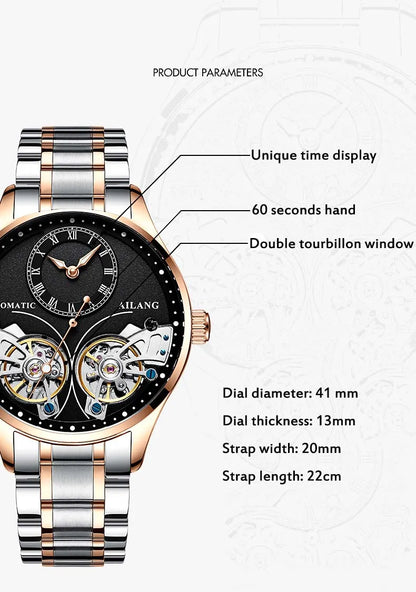 AILANG brandneue modische Double-Tourbillon-Uhr für Herren, Luxus-Edelstahl, wasserdicht, automatisch-mechanische Herrenuhr