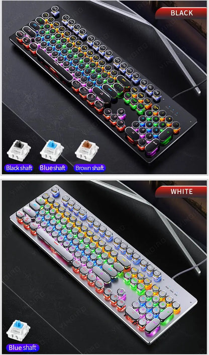Teclado Mecânico Retro Punk com Switch Blue Black Brown, 104 Teclas, USB com Fio, Teclado Gaming com Retroiluminação RGB para PC, Portátil e Gamers