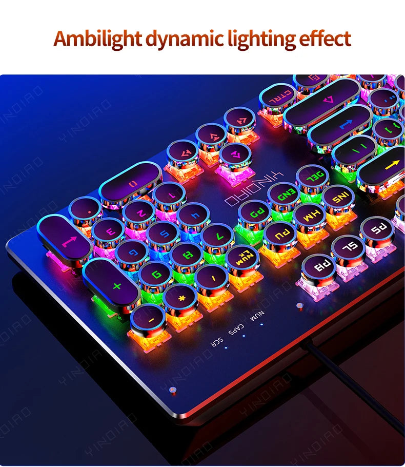 Teclado Mecânico Retro Punk com Switch Blue Black Brown, 104 Teclas, USB com Fio, Teclado Gaming com Retroiluminação RGB para PC, Portátil e Gamers