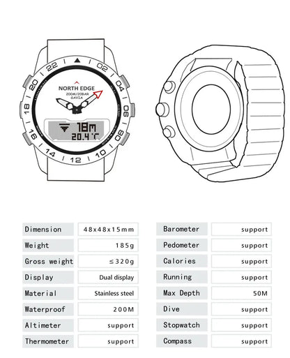 NORTH EDGE Mens Dive Watch Military Army Luxury Full Steel Smartwatch Compass Altimeter Barometer Digital Clock Waterproof 200m