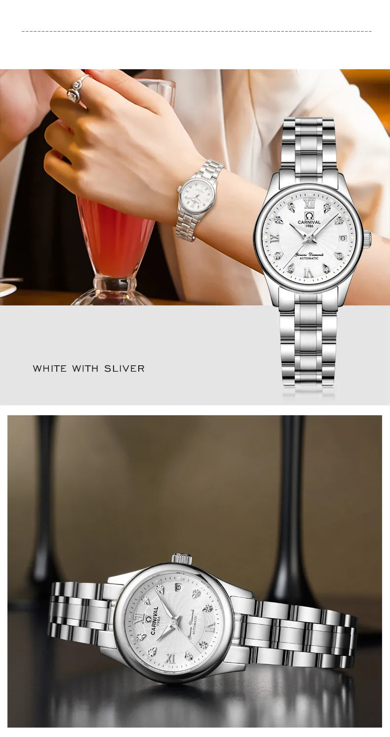 CARNIVAL Marken-Luxus-Automatikuhr für Damen, modische Armbanduhr mit Saphirglas, wasserdicht, Reloj Mujer