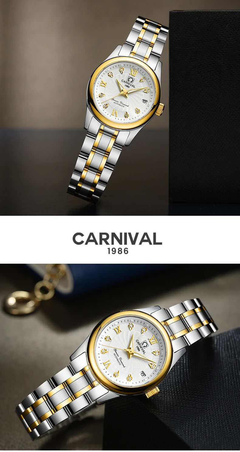 CARNIVAL Marken-Luxus-Automatikuhr für Damen, modische Armbanduhr mit Saphirglas, wasserdicht, Reloj Mujer