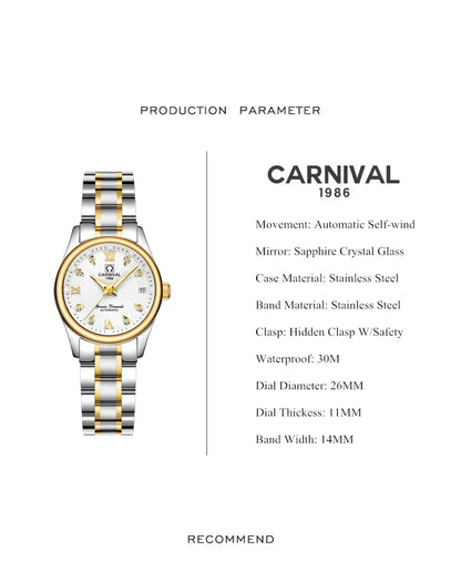 CARNIVAL Marken-Luxus-Automatikuhr für Damen, modische Armbanduhr mit Saphirglas, wasserdicht, Reloj Mujer