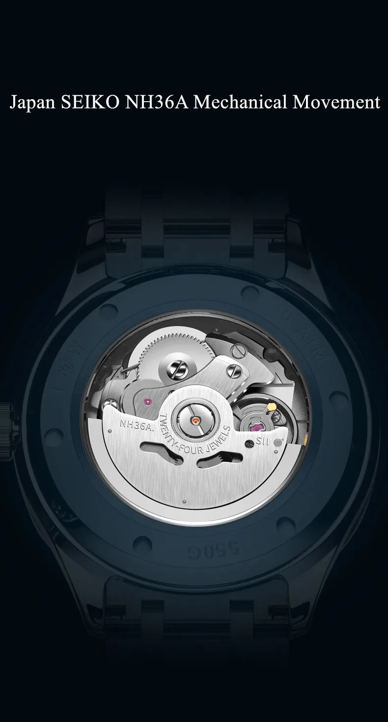 CARNIVAL Men's Tungsten Mechanical Watch Brand Luxury NH36 Automatic Movement Wristwatches for Men Waterproof Watch