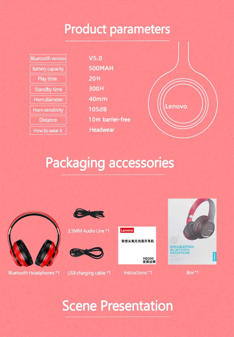 Lenovo HD200 kabellose Bluetooth-Over-Ear-Kopfhörer – geräuschunterdrückendes HiFi-Stereo-Gaming-Headset mit Mikrofon