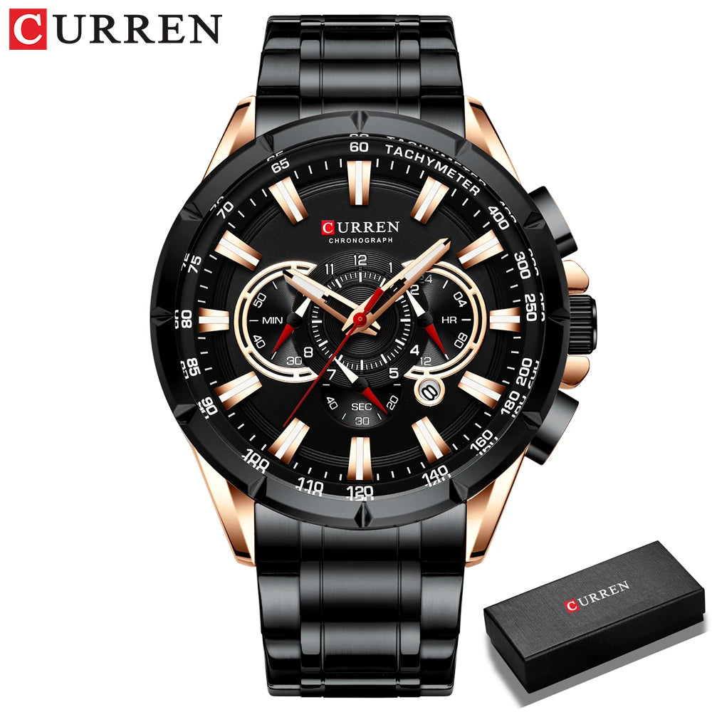 Men New CURREN Casual Sport Chronograph Men's Watch Stainless Steel Band Wristwatch Big Dial Quartz Clock with Luminous Pointers