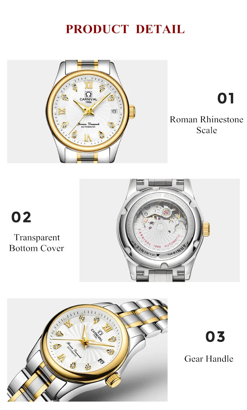 CARNIVAL Marken-Luxus-Automatikuhr für Damen, modische Armbanduhr mit Saphirglas, wasserdicht, Reloj Mujer