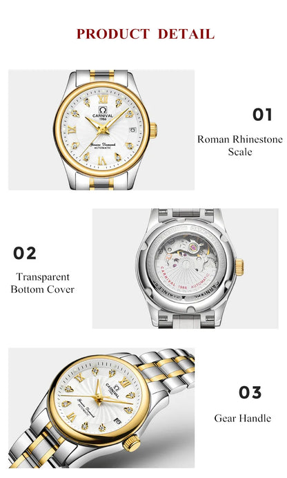 CARNIVAL Marken-Luxus-Automatikuhr für Damen, modische Armbanduhr mit Saphirglas, wasserdicht, Reloj Mujer