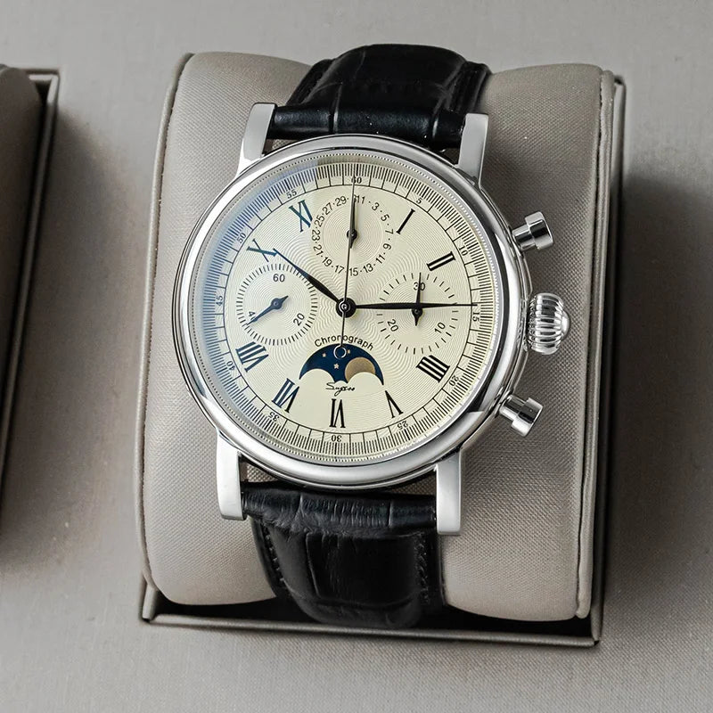 Original Movement ST1908 Sugess Men Mechanical Calendar Watch Chronograph Vintage Moonphase Wristwatches Waterproof