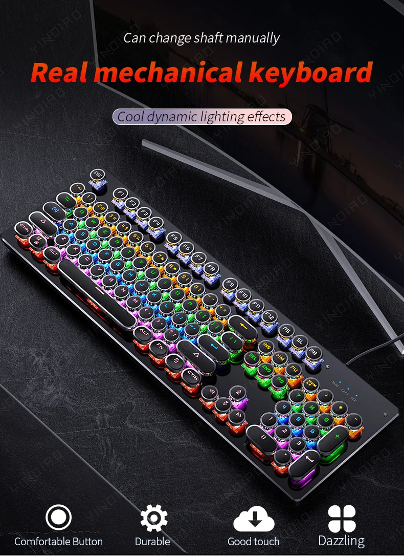 Teclado Mecânico Retro Punk com Switch Blue Black Brown, 104 Teclas, USB com Fio, Teclado Gaming com Retroiluminação RGB para PC, Portátil e Gamers